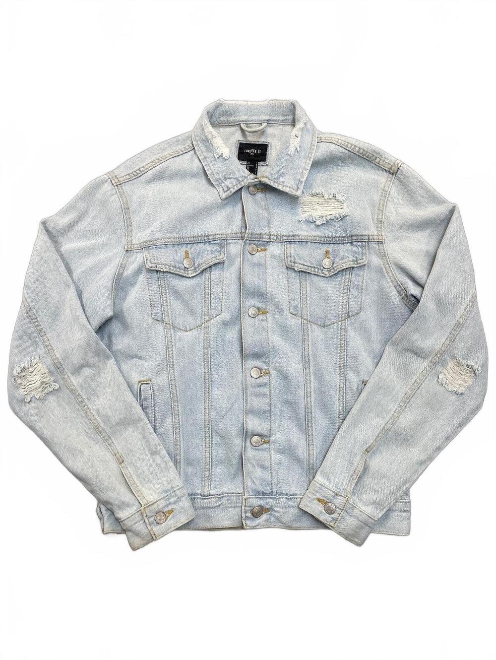FOREVER 21 L Men Light Wash Denim Jacket Distressed Jean Trucker Button Front